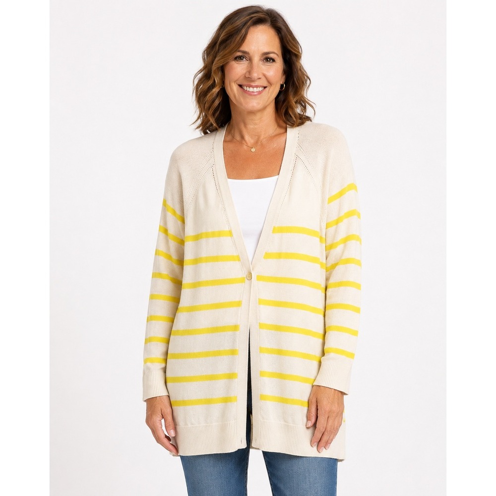 Talbots Womens Size 2X Cardigan Sweater Ivory Yellow Striped Cotton Blend V-Neck